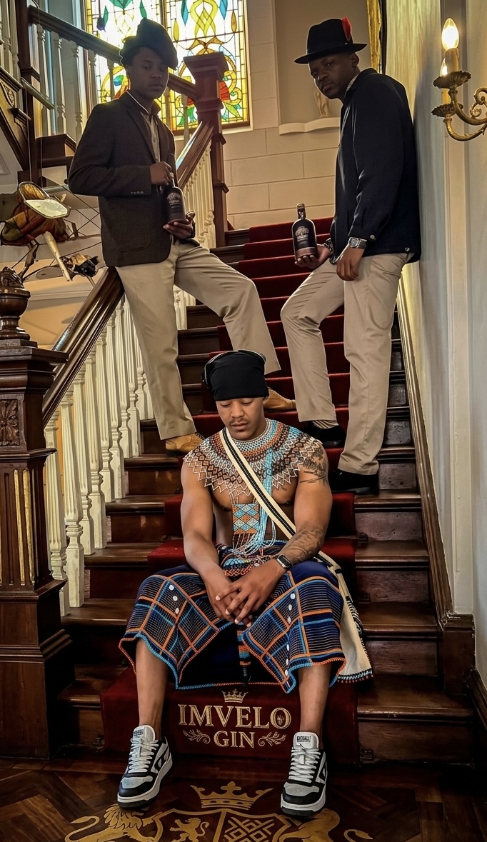 Three men on a grand staircase lined with an Imvelo Gin runner, two of them holding Imvelo spirit bottles